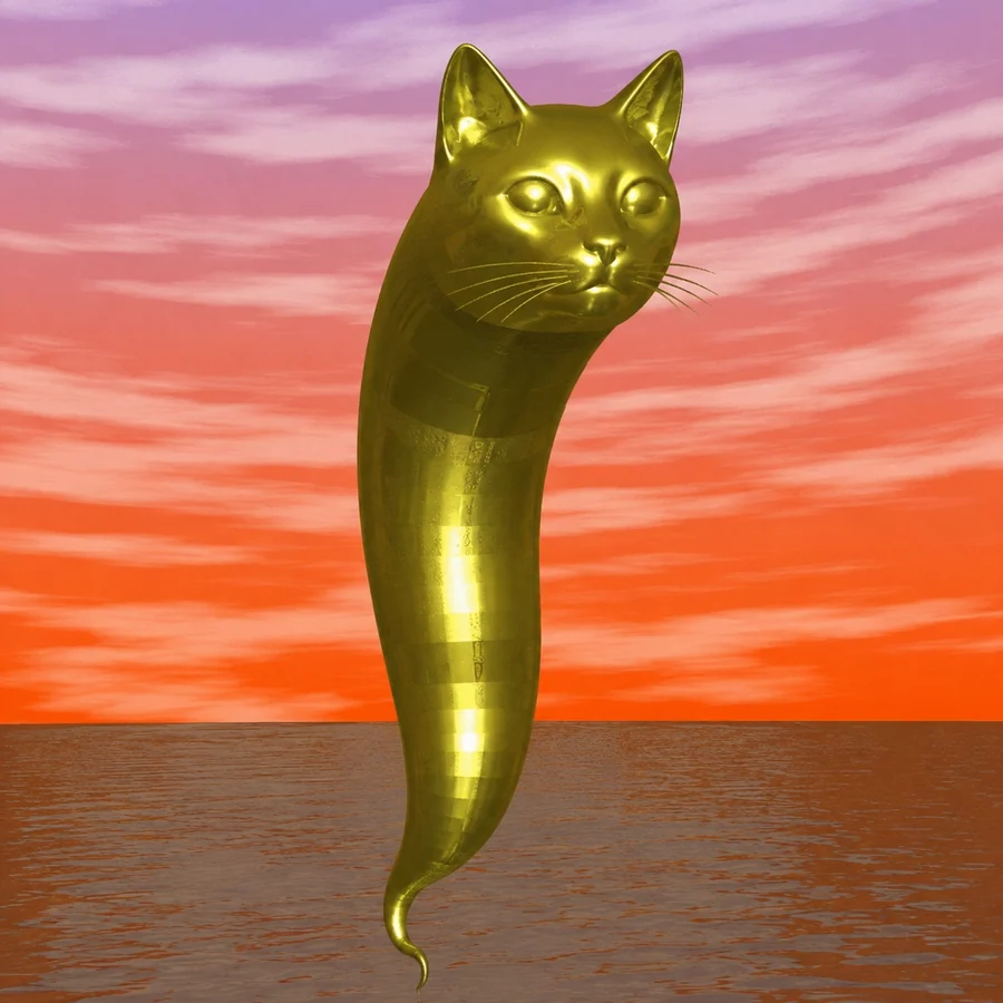 The gold cat idol standing in shallow water