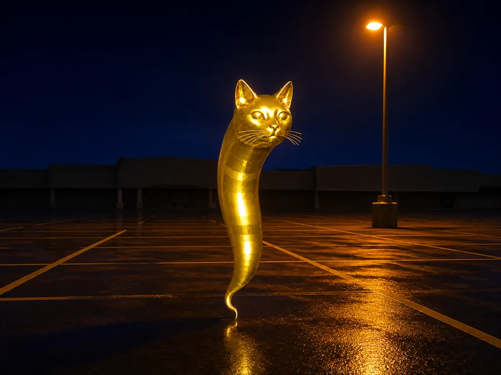 The gold idol alone on a wet empty car park at night