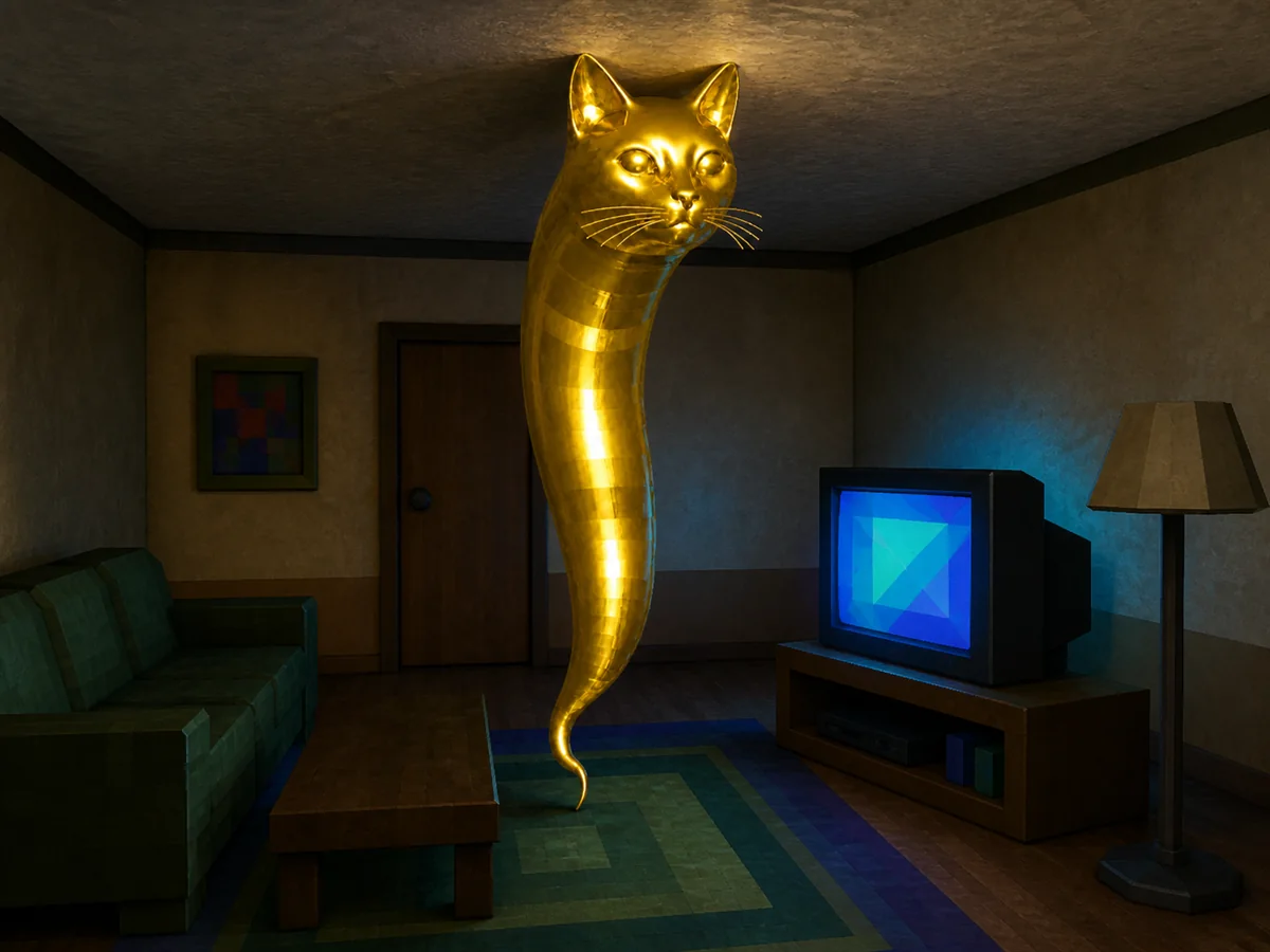 The gold idol in a small living room with his head against the ceiling
