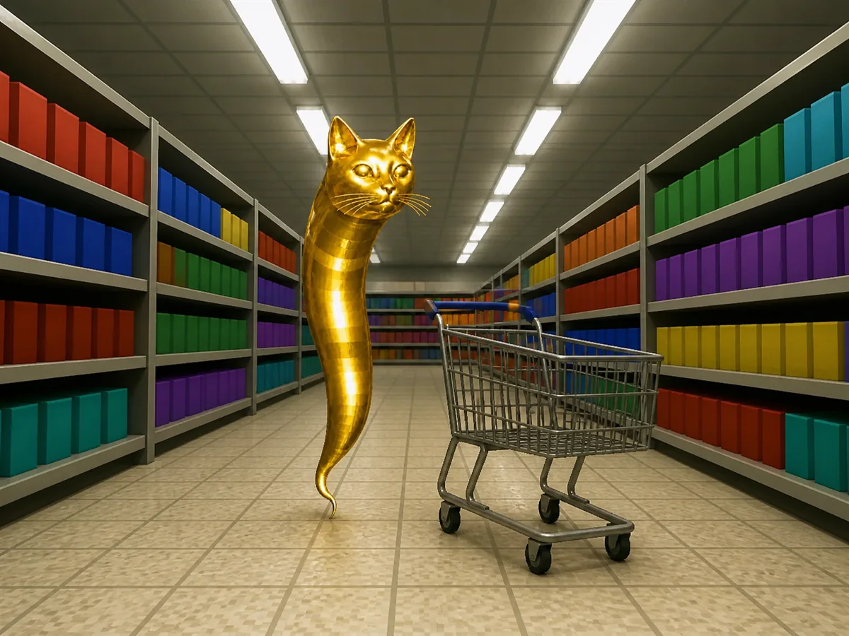 The gold idol standing in a supermarket aisle beside an empty trolley